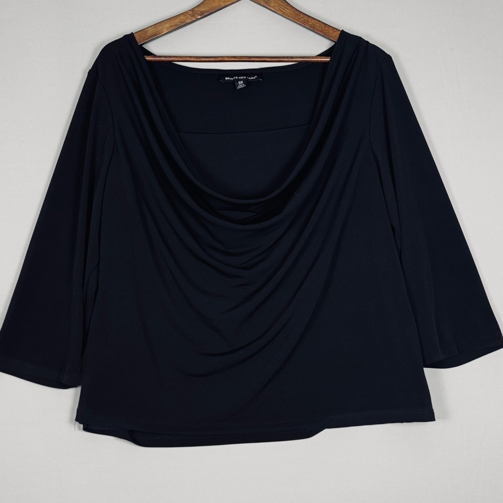 Briggs New York Blouse Women 2X Black Excellent Cowl Neck 3/4 Sleeve BR23675AL1